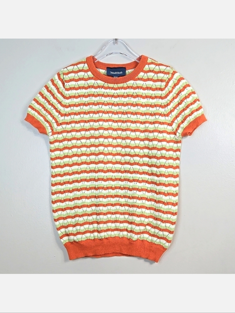 Modcloth 💯Cotton Orange/White/Green Short Sleeve Knit Sweater, Size XXS ~ EUC